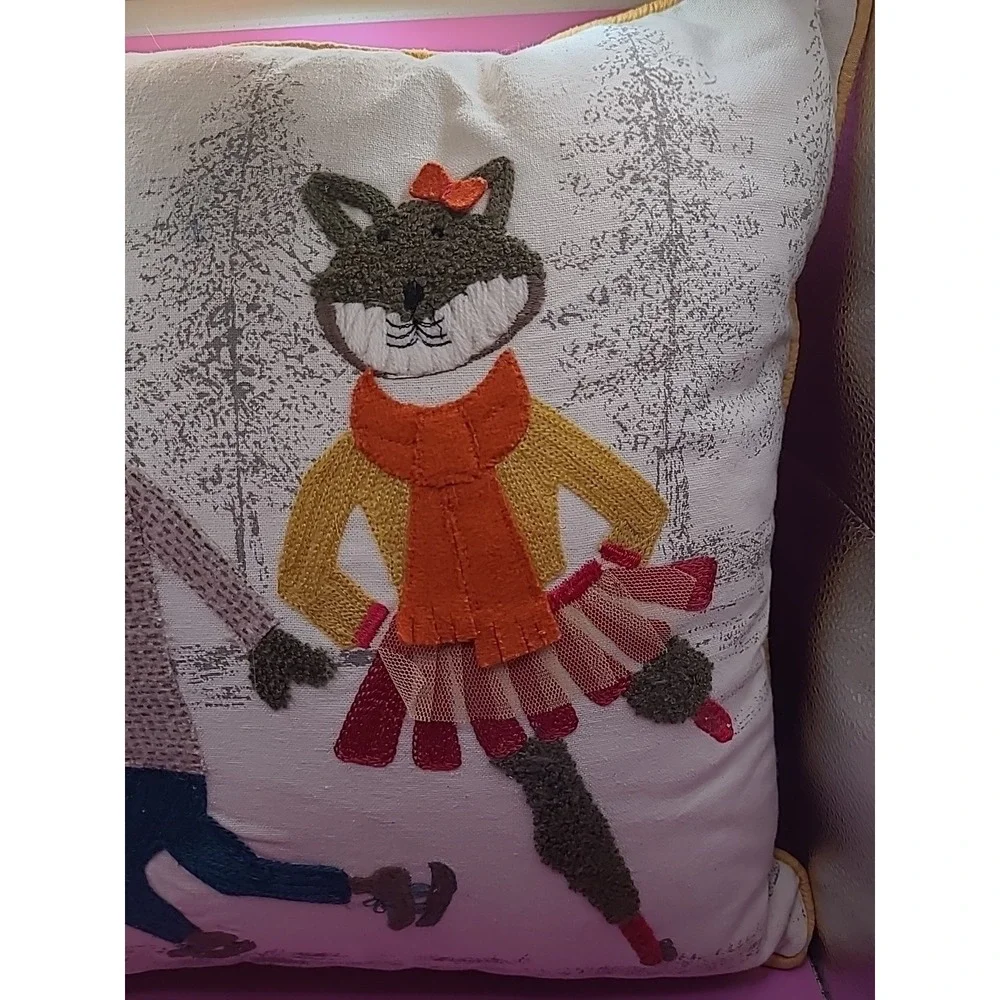 World‎ Market Embroidered Decorative Pillow Ice Skating Foxes